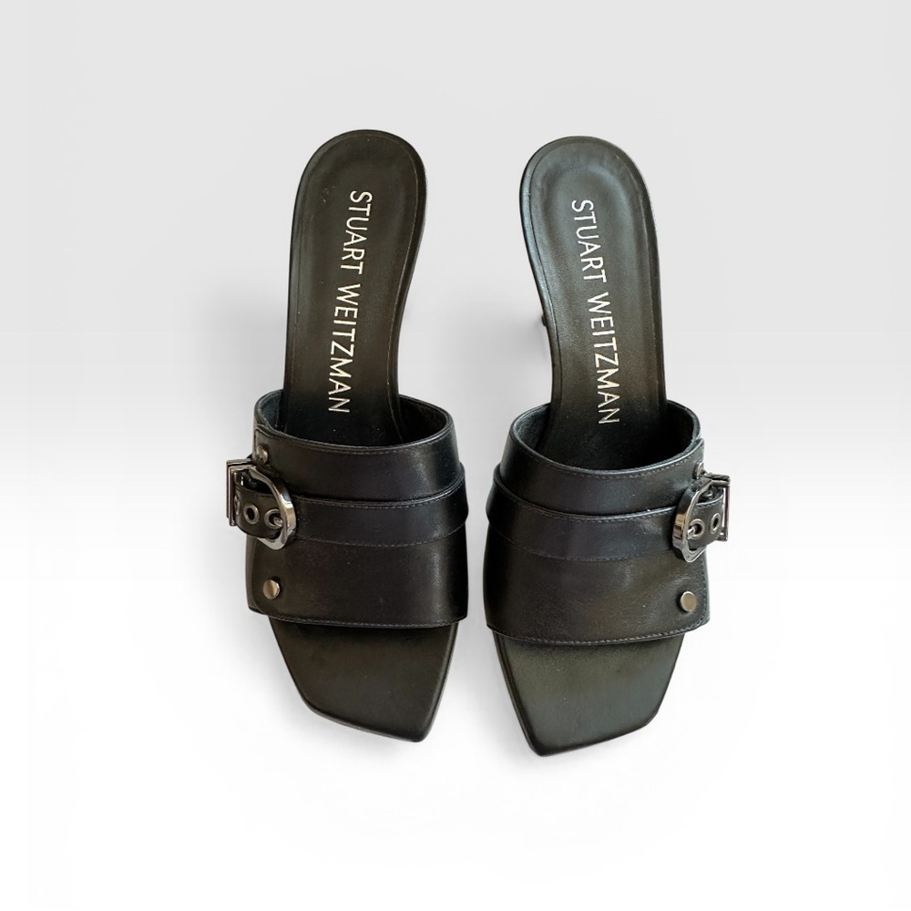 Stuart Weitzman Black Leather Buckle Slide Mules - Square Toe